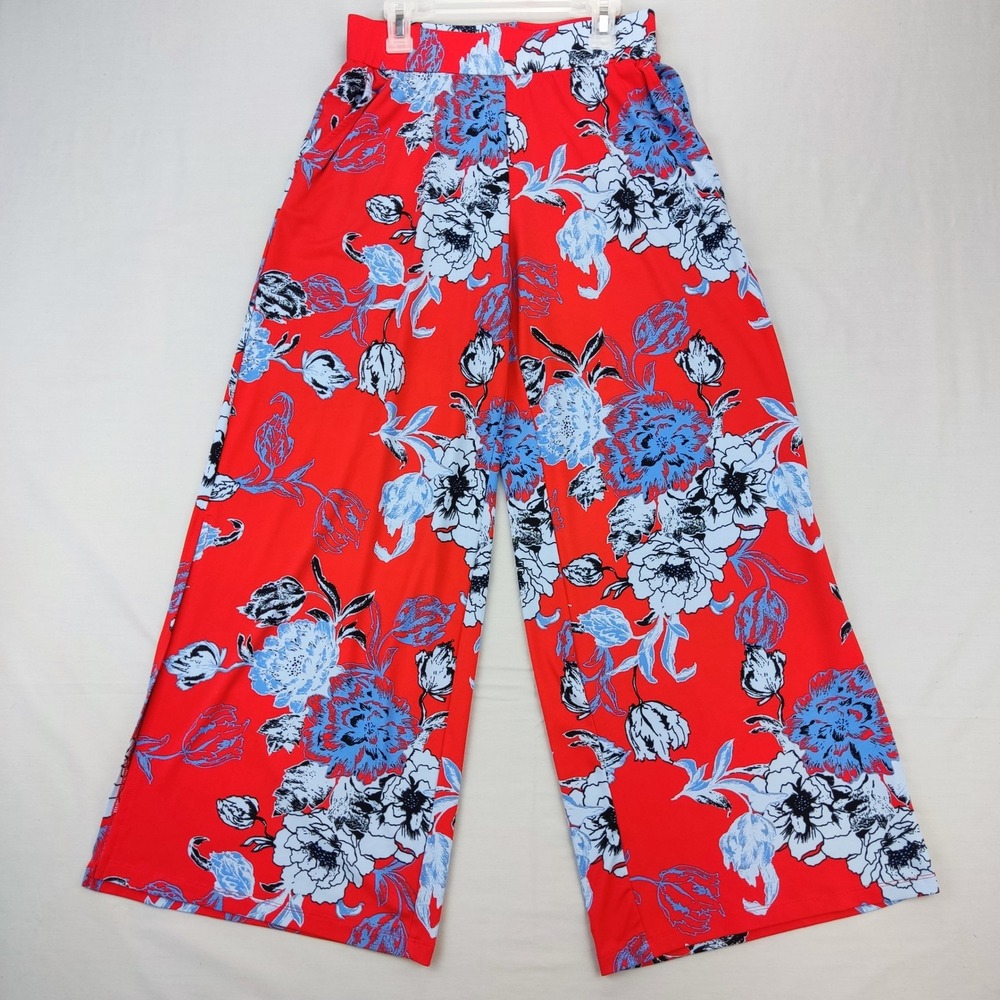 G.I.L.I. Wide‎ Leg Pants Women XXSP Red Floral Print High Rise Stretch Palazzo